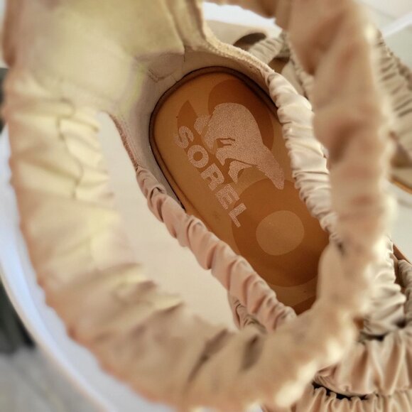 Sorel Ella II Ankle Strap Ruched Elastic Sandals Leather Flats Beige Size 6.5 - Picture 9 of 11